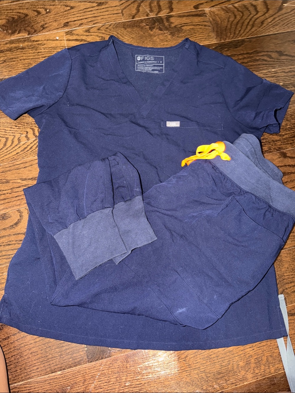 Figs Navy Blue Scrub Top and Pants with Orange Drawstring